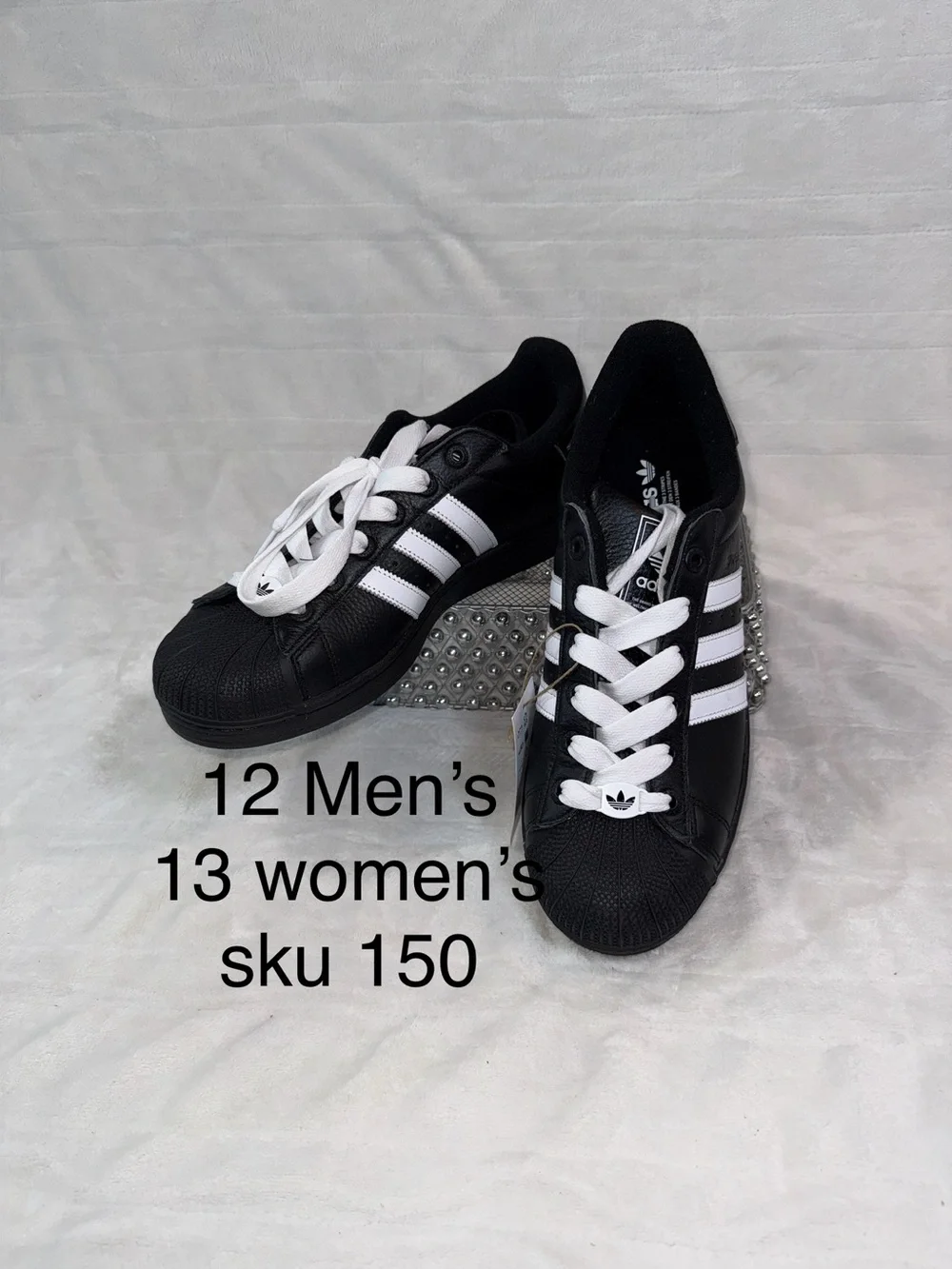 Adidas men’s 12 or women’s 13 Black Superstar II Sneakers with White Stripes